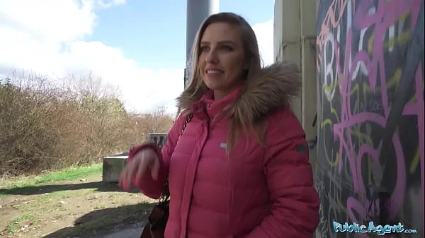 Public Agent A beautiful woman with a model looking figure gives and outdoor blowjob before fucking indoors