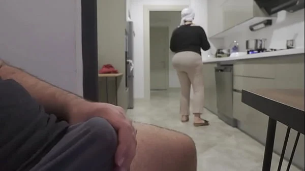 Risky jerk off while watching big ass stepmom in the kitchen.