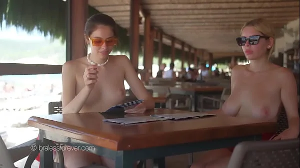 Topless babes at the restaurant