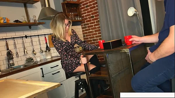 Blonde MILF step mom watches me jerk off and MASTURBATION gets a squirt in the kitchen